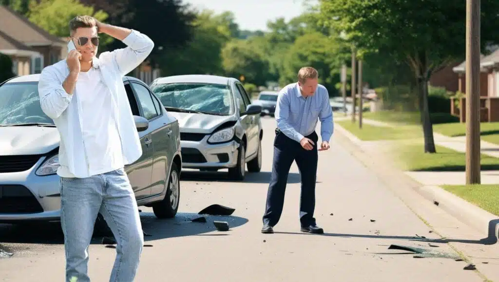 Car accident scene with two damaged vehicles on a suburban street. A distressed driver calls for help, while another man inspects debris on the road. Dennis Hernandez & Associates, experienced personal injury lawyers, fight for car accident victims to secure maximum compensation. Contact our legal team for expert representation in auto accident claims